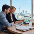 Gemini said A professional mortgage broker sitting with a client at a desk in a high-rise office, pointing to a mortgage rate growth chart on a laptop screen with the Toronto skyline and CN Tower visible through the window.